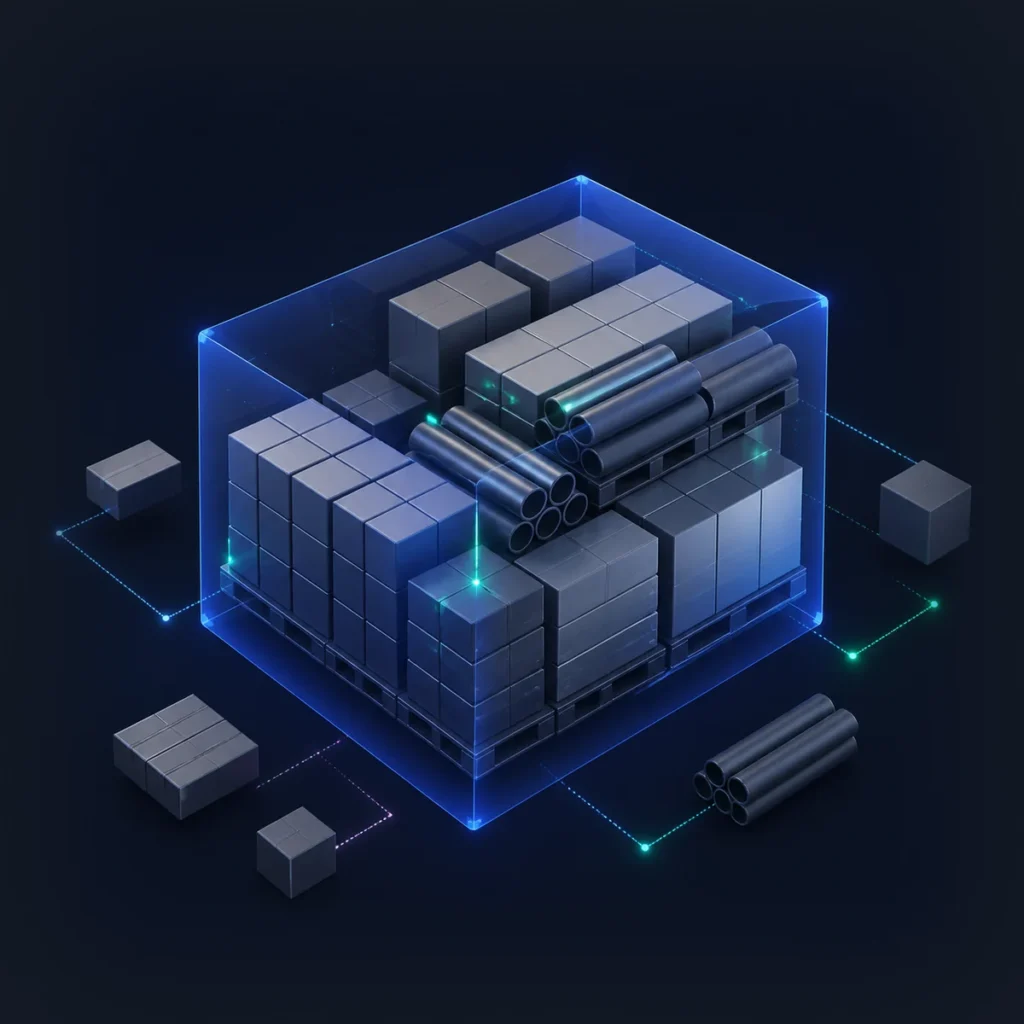 Representação 3D de volumes e tubos organizados para simulação de cargas